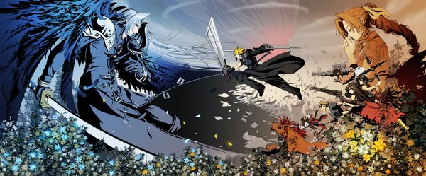 Anime picture 2000x831 with final fantasy final fantasy vii square enix tifa lockhart sephiroth cait sith red xiii cid highwind long hair highres blonde hair brown hair wide image blue hair tattoo battle attack flower (flowers) weapon animal