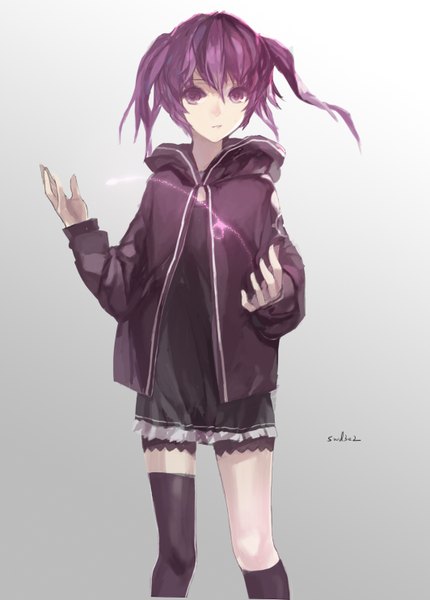 Anime picture 1063x1483 with elsword swd3e2 single tall image looking at viewer short hair purple eyes purple hair magic girl thighhighs dress black thighhighs socks black socks single thighhigh