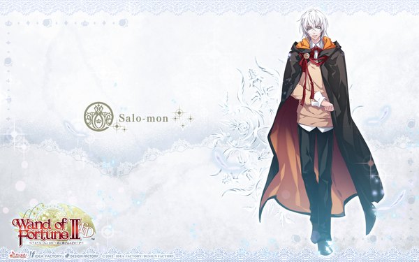 Anime picture 1920x1200 with wand of fortune 2 idea factory salo-mon (wand of fortune) usuba kagerou single looking at viewer highres short hair blonde hair wide image white hair inscription grey eyes boy cloak