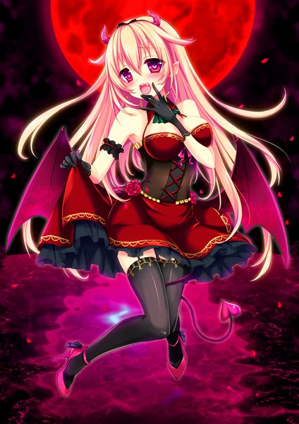Anime picture 724x1024 with original aoi yun single long hair tall image blush breasts open mouth light erotic blonde hair smile bare shoulders tail pink eyes horn (horns) pointy ears night armpit (armpits) high heels night sky