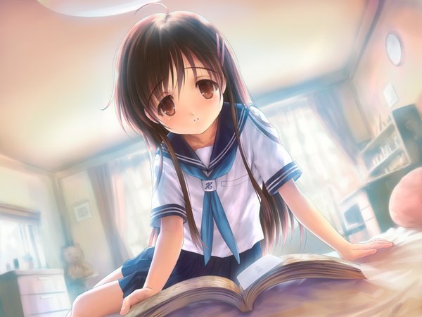 Anime picture 1920x1440 with narcissu sakura setsumi goto p highres girl uniform school uniform book (books) bed
