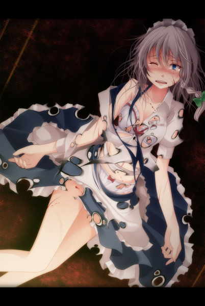 Anime picture 1476x2200 with touhou izayoi sakuya s-syogo tall image blush short hair blue eyes light erotic silver hair one eye closed wink maid torn clothes girl underwear panties headdress maid headdress