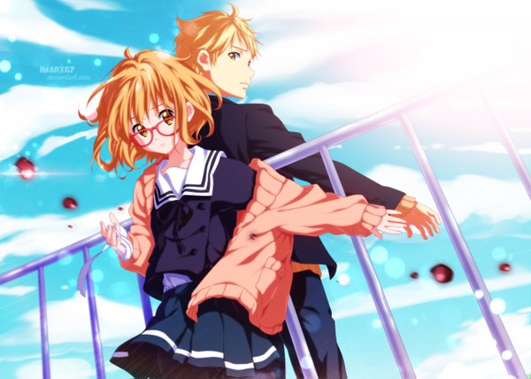 Anime picture 1332x951 with kyoukai no kanata kyoto animation kuriyama mirai kanbara akihito eroishi short hair blonde hair yellow eyes sky cloud (clouds) pleated skirt looking back sunlight couple coloring back to back girl boy skirt uniform