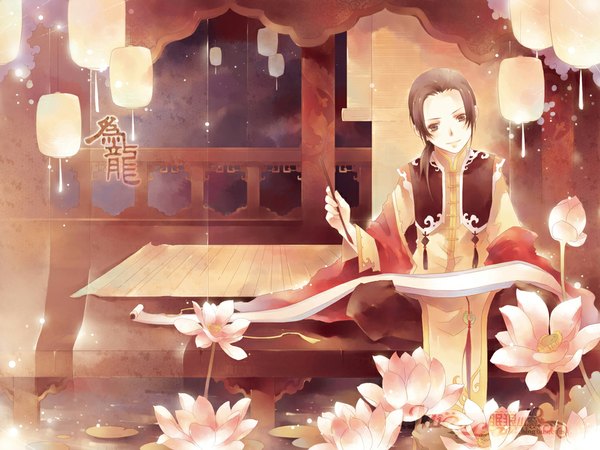 Anime picture 1024x768 with axis powers hetalia studio deen china (hetalia) mlcamaro single brown hair sitting brown eyes ponytail chinese clothes architecture east asian architecture boy flower (flowers) water lantern paintbrush calligraphy brush pond