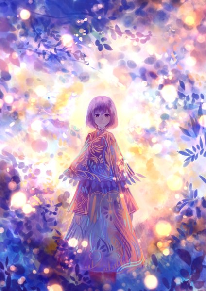 Anime picture 900x1272 with original bounin single tall image looking at viewer fringe short hair standing purple eyes purple hair girl leaf (leaves) branch poncho