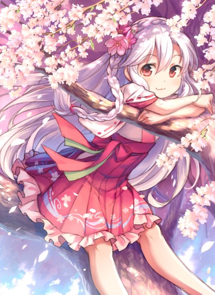 Anime picture 1000x1371 with original kuze kaname single long hair tall image looking at viewer blush fringe smile red eyes white hair braid (braids) hair flower cherry blossoms :3 girl dress flower (flowers) plant (plants) petals