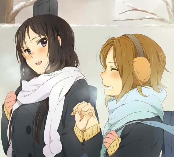 Anime picture 1000x900 with k-on! kyoto animation akiyama mio tainaka ritsu karuha long hair blush short hair black hair brown hair multiple girls eyes closed black eyes holding hands girl 2 girls jacket scarf