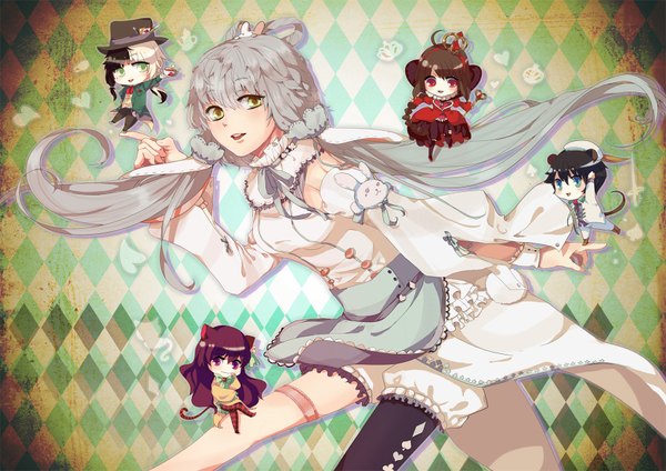 Anime picture 1700x1202 with vocaloid vocaloid china luo tianyi aya13577351 long hair open mouth blue eyes red eyes purple eyes green eyes animal ears silver hair chibi girl thighhighs dress hat detached sleeves crown