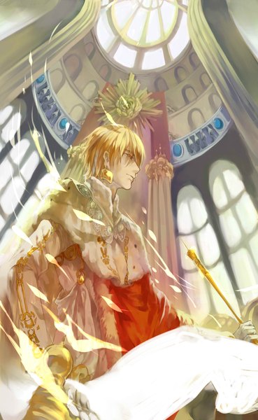 Anime picture 1300x2112 with fate (series) fate/stay night studio deen type-moon gilgamesh (fate) a3habit single tall image short hair blonde hair holding yellow eyes indoors profile from below architecture boy earrings window jewelry