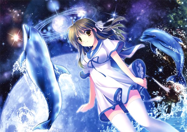 Anime picture 3300x2340 with original eshi 100-nin ten yamamoto kazue single long hair looking at viewer highres brown hair brown eyes absurdres scan space girl thighhighs dress ribbon (ribbons) hair ribbon animal white thighhighs white dress