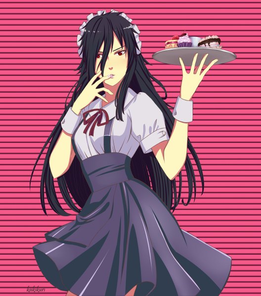 Anime picture 2285x2595 with naruto studio pierrot naruto (series) uchiha madara tagme (artist) single long hair tall image looking at viewer highres black hair red eyes finger to mouth striped pink background genderswap waitress sharingan striped background girl