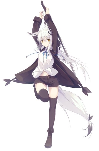 Anime picture 812x1235 with original nagishiro mito single long hair tall image looking at viewer simple background white background animal ears yellow eyes full body white hair tail animal tail girl thighhighs weapon black thighhighs shirt sword