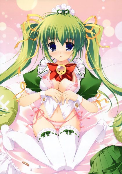 Anime picture 3280x4672 with melonbooks melon-chan mikeou single long hair tall image blush highres blue eyes light erotic twintails absurdres green hair no shoes girl thighhighs underwear panties bow ribbon (ribbons)