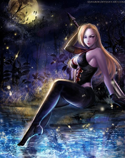 Anime picture 1068x1351 with sangrde single long hair tall image breasts blonde hair large breasts sitting purple eyes looking away girl gloves weapon sword