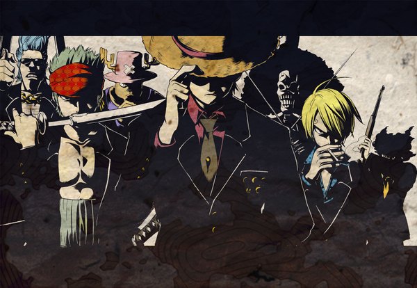 Anime picture 1708x1181 with one piece toei animation monkey d. luffy roronoa zoro sanji tony tony chopper usopp franky brook (one piece) nagasode fusoku looking at viewer fringe highres short hair open mouth blonde hair standing holding blue hair horn (horns)