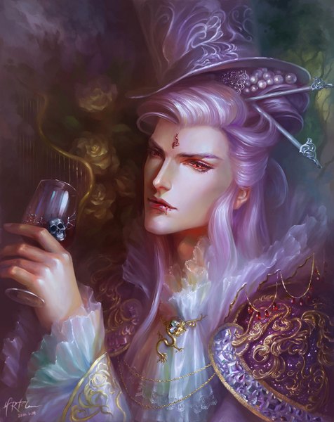 Anime picture 1000x1260 with hrfleur single long hair tall image red eyes signed purple hair vampire boy hair ornament flower (flowers) hat blood jewelry skull neckerchief wine glass