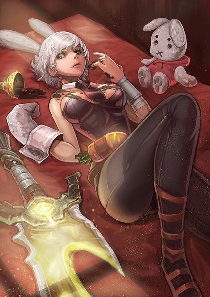 Anime picture 720x1018 with league of legends riven (league of legends) battle bunny riven goomrrat single tall image short hair looking away silver hair lying black eyes girl weapon sword food sweets toy stuffed animal bunnysuit chocolate