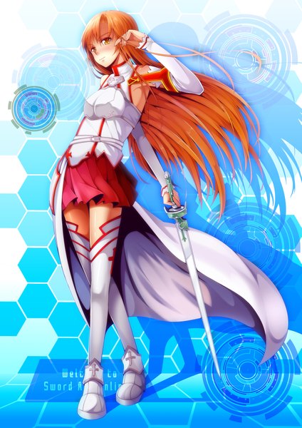 Anime picture 2894x4093 with sword art online a-1 pictures yuuki asuna 52ikaros single long hair tall image highres yellow eyes orange hair copyright name girl thighhighs skirt weapon detached sleeves miniskirt white thighhighs sword cloak