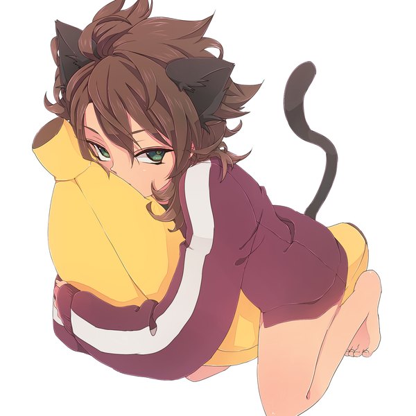 Anime picture 2000x2000 with inazuma eleven inazuma eleven go fudou akio sima single looking at viewer highres short hair simple background brown hair white background sitting green eyes animal ears tail barefoot cat ears cat tail kneeling boy