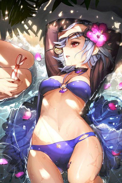 Anime picture 700x1050 with sword girls vernika answer whoisshe tall image fringe short hair breasts light erotic red eyes sitting multiple girls looking away purple hair bent knee (knees) lying parted lips profile hair flower sunlight arms up