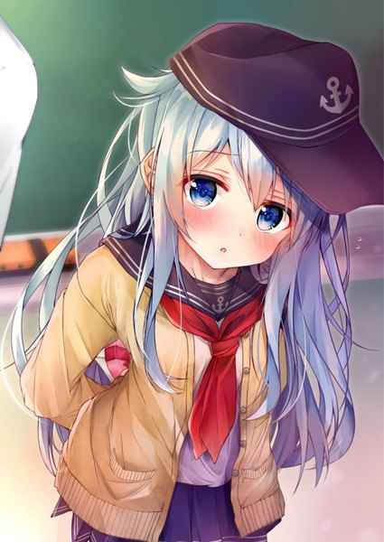 Anime picture 1450x2048 with kantai collection hibiki destroyer rouka (akatyann) single long hair tall image looking at viewer blush highres open mouth blue eyes standing holding blue hair indoors long sleeves head tilt pleated skirt open clothes :o