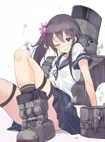 Anime picture 1000x1345 with kantai collection akebono destroyer sumisu (mondo) single long hair tall image black hair white background sitting looking away bent knee (knees) one eye closed hair flower tears torn clothes side ponytail hair bell mecha musume girl skirt