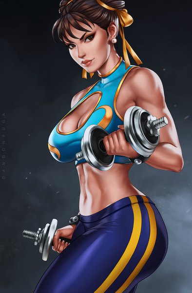 Anime picture 912x1387 with street fighter capcom chun-li dandon fuga single tall image looking at viewer fringe short hair breasts light erotic brown hair large breasts standing brown eyes lips realistic midriff hair bun (hair buns) cleavage cutout