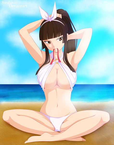 Anime picture 3840x4854 with fairy tail mikazuchi kagura strabixio single long hair tall image highres breasts light erotic brown hair large breasts sitting holding brown eyes absurdres sky cloud (clouds) ponytail armpit (armpits) mouth hold