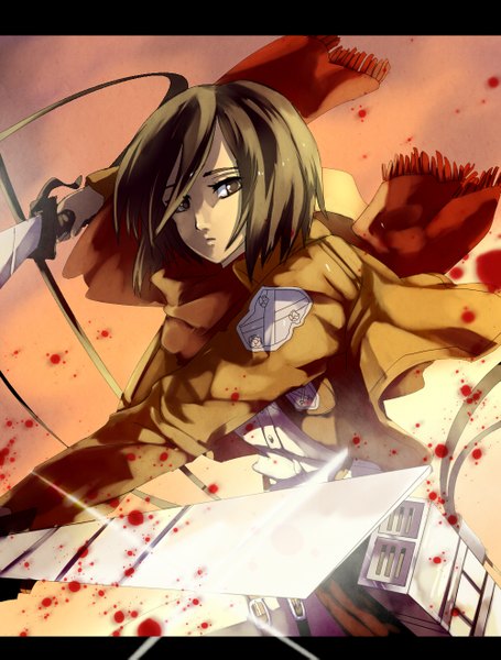 Anime picture 1000x1317 with shingeki no kyojin production i.g mikasa ackerman sa-dui single tall image looking at viewer short hair black hair holding black eyes open clothes open jacket dual wielding girl weapon sword scarf blood red scarf