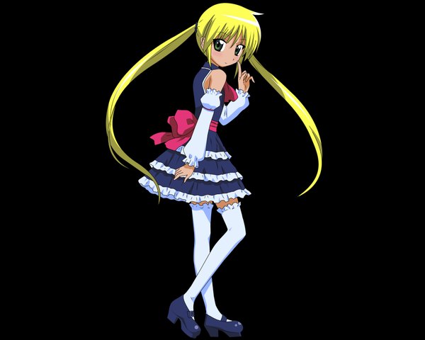 Anime picture 4000x3200 with hayate no gotoku! sanzenin nagi single long hair highres blonde hair simple background twintails green eyes absurdres loli black background girl thighhighs dress bow detached sleeves white thighhighs