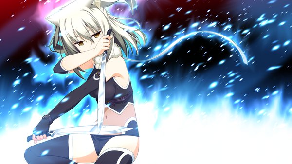 Anime picture 1280x720 with endless dungeon nico temple kinta (distortion) single looking at viewer short hair wide image brown eyes animal ears game cg silver hair cat ears girl thighhighs gloves navel weapon fingerless gloves