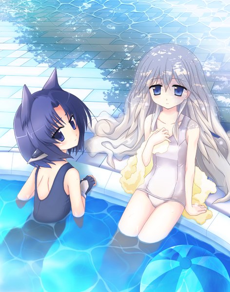 Anime picture 1181x1500 with kyoukai senjou no horizon anne dautrich satomi yoshiyasu nanao yuki long hair tall image short hair blue eyes purple eyes multiple girls animal ears blue hair white hair pointy ears loli girl 2 girls swimsuit water