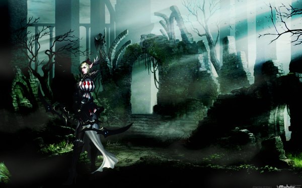 Anime picture 1920x1200 with atlantica online single long hair highres blonde hair wide image ponytail pointy ears light dark background ruins girl hair ornament weapon plant (plants) tree (trees) boots armor bow (weapon)