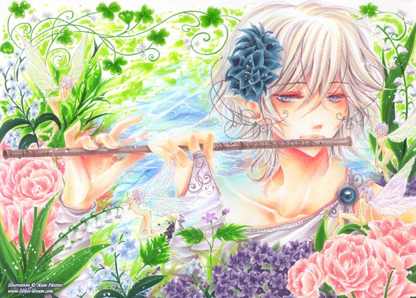 Anime picture 1053x753 with tsubasa reservoir chronicle clamp fay d flourite luleiya single short hair blue eyes blonde hair hair flower pointy ears elf boy hair ornament flower (flowers) musical instrument flute