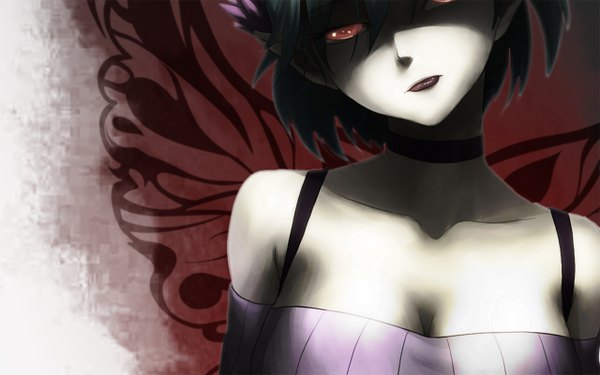 Anime picture 1280x800 with c: the money of soul and possibility control q (control) single short hair black hair red eyes wide image bare shoulders pointy ears pale skin girl detached sleeves collar