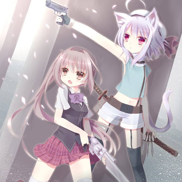 Anime picture 1800x1800 with original hoshi (snacherubi) long hair blush fringe highres short hair open mouth brown hair multiple girls holding brown eyes animal ears looking away purple hair ahoge tail animal tail pink eyes wind