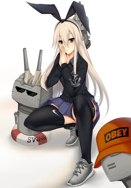 Anime picture 875x1250 with kantai collection nike shimakaze destroyer rensouhou-chan tony guisado single long hair tall image light erotic blonde hair brown eyes pantyshot girl thighhighs skirt underwear panties bow black thighhighs hair bow