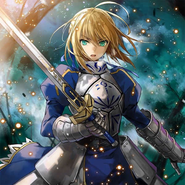 Anime picture 1050x1050 with fate (series) fate/zero type-moon artoria pendragon (all) saber komecchi single looking at viewer fringe short hair open mouth blonde hair aqua eyes girl dress gloves ribbon (ribbons) weapon sword armor