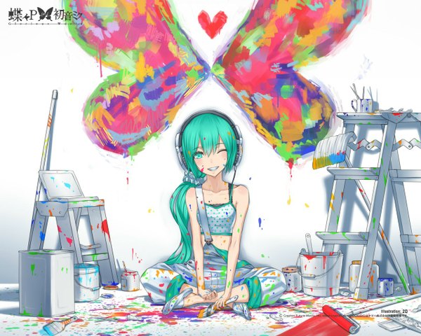 Anime picture 1280x1024 with vocaloid hatsune miku single looking at viewer smile sitting bare shoulders very long hair one eye closed aqua eyes wink aqua hair girl shoes headphones paintbrush slippers paint bucket overalls