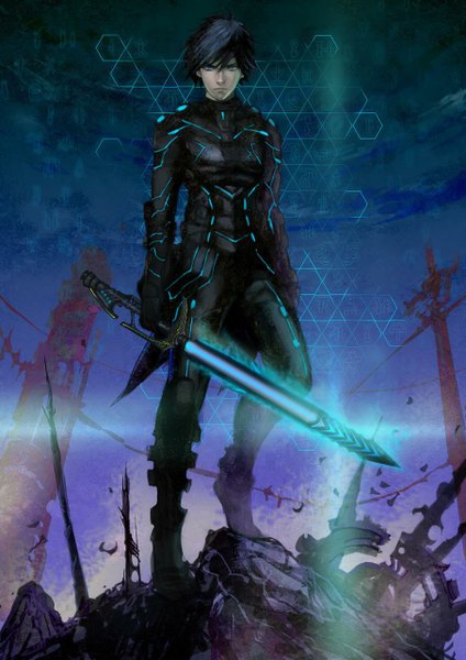 Anime picture 905x1280 with original peach (marslave) single tall image short hair blue eyes standing holding blue hair sky night night sky glowing boy gloves weapon sword bodysuit