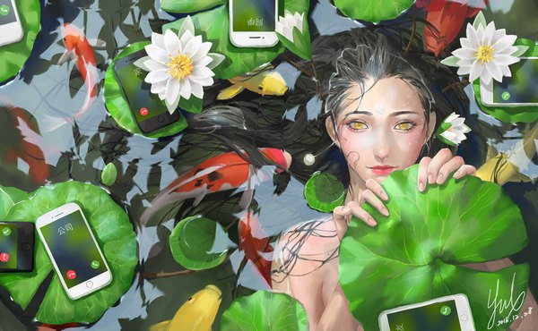 Anime picture 1985x1227 with original hanare single long hair highres light erotic black hair wide image signed yellow eyes lipstick partially submerged dated topless afloat girl flower (flowers) animal water leaf (leaves)