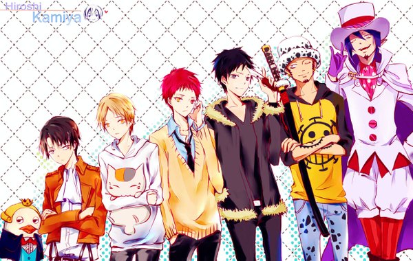 Anime picture 1265x803 with one piece shingeki no kyojin kuroko no basket ao no exorcist durarara!! natsume yuujinchou yondemasu yo, azazel-san a-1 pictures toei animation brains base (studio) orihara izaya levi (rivaille) natsume takashi trafalgar law madara (nyanko-sensei) akashi seijuurou mephisto pheles beelzebub (yondemasu yo, azazel-san) rainy fringe