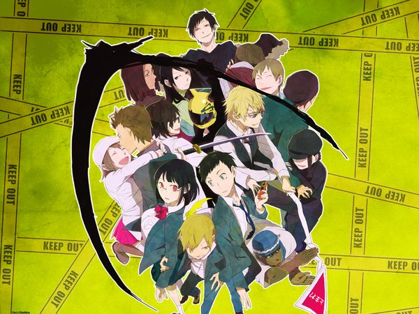 Anime picture 1600x1200 with durarara!! brains base (studio) orihara izaya heiwajima shizuo sonohara anri kida masaomi ryuugamine mikado celty sturluson kishitani shinra kadota kyohei yagiri namie yumasaki walker karisawa erika togusa saburou yagiri seiji simon brezhnev uniform school uniform sword necktie