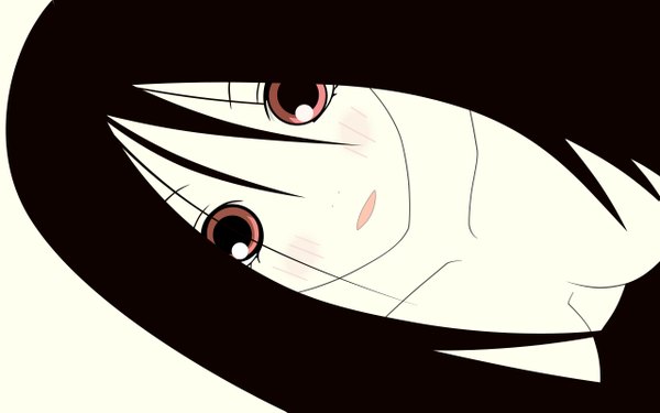 Anime picture 2560x1600 with sayonara zetsubou sensei shaft (studio) komori kiri single long hair looking at viewer blush fringe highres breasts open mouth light erotic black hair simple background smile hair between eyes red eyes wide image white background upper body