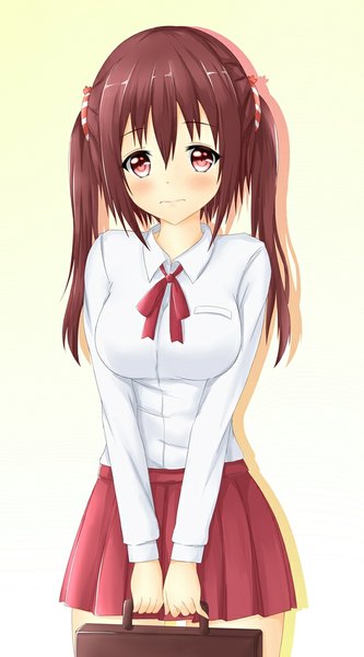 Anime picture 556x1000 with himouto! umaru-chan doga kobo ebina nana tear yu single long hair tall image looking at viewer blush fringe breasts simple background brown hair standing twintails pink eyes yellow background girl skirt uniform