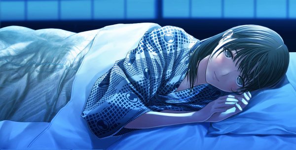 Anime picture 2560x1299 with amagami tagme (character) highres black hair wide image lying black eyes girl bed