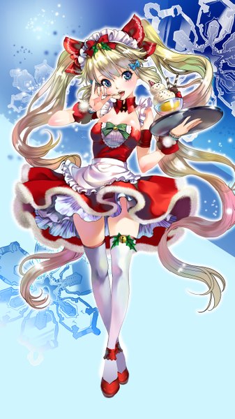 Anime picture 3150x5604 with original chushengdao long hair tall image looking at viewer blush highres open mouth blue eyes blonde hair twintails absurdres maid snowing girl thighhighs dress bow hair bow white thighhighs