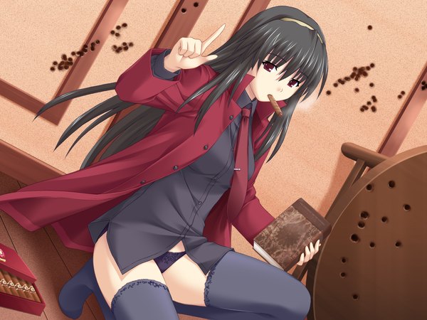 Anime picture 1600x1200 with light erotic black hair red eyes smoking girl thighhighs underwear panties necktie cigar
