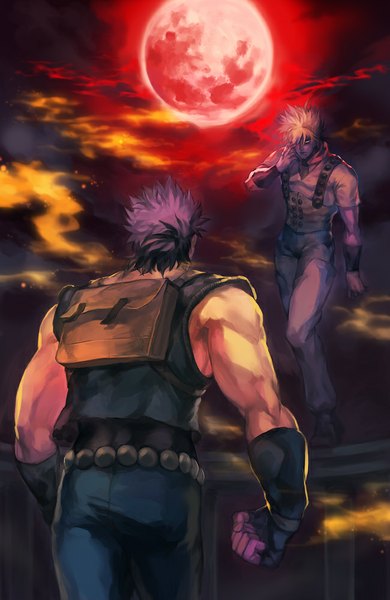 Anime picture 650x1000 with jojo no kimyou na bouken dio brando jonathan joestar oburaato tall image black hair blonde hair yellow eyes from behind multiple boys glowing glowing eye (eyes) muscle walking red moon grey skin boy gloves fingerless gloves moon