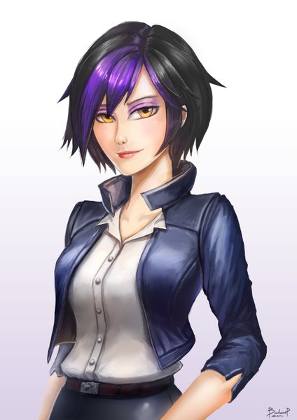 Anime picture 1060x1500 with big hero 6 disney gogo tomago (big hero 6) badcompzero single tall image looking at viewer blush short hair black hair simple background purple hair multicolored hair lips open clothes open jacket two-tone hair orange eyes girl jacket